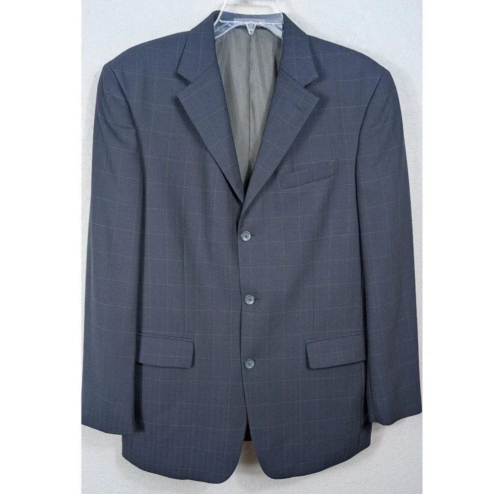 Oscar de la Renta Blazer Mens 41L Blue Brown Windowpane Plaid 100% Wool 3-Button